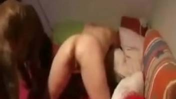 Erotic pup tongues snug vagina on webcam