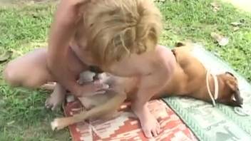 Stunning babe is blowing a tiny canine cock