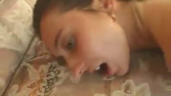 Pale-skinned canine penetrates female's moist orifice