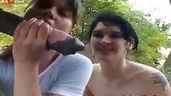 Outdoor sex with bisexual zoophile babes